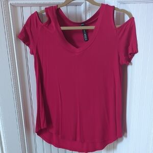 Lord & Taylor V-Neck Cold Shoulder Tee in Red